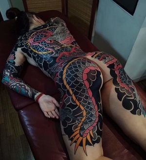 Inked asian babe