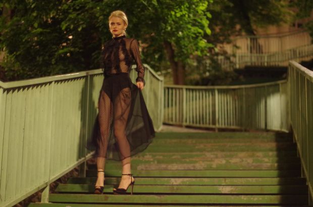 Gorgeous legs of hot insta model under completely sheer black dress