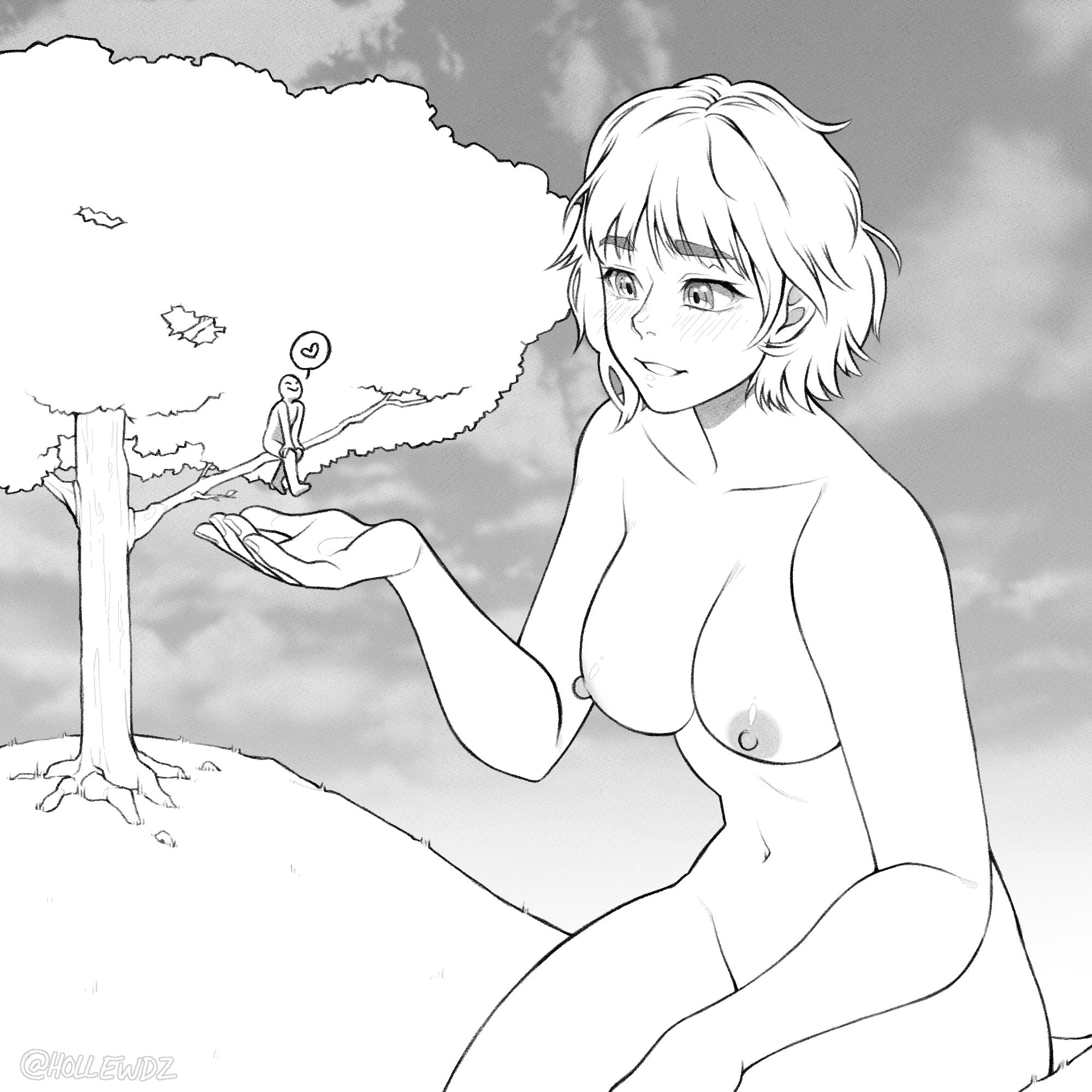 A lovely anime style giantess converses with a small man.