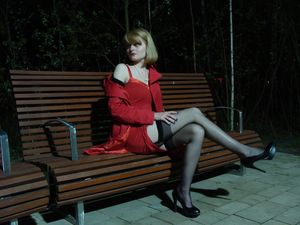 Short hair blonde babe tempting with her long legs