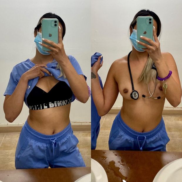 Nurse flashing her bra and her boobs