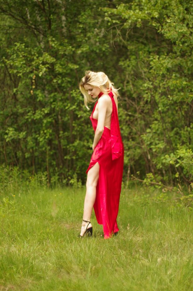 Insta model Veronica Marvell in shiny satin red dress
