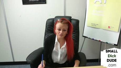 Redhead femdom humiliates tiny dick guy at interview