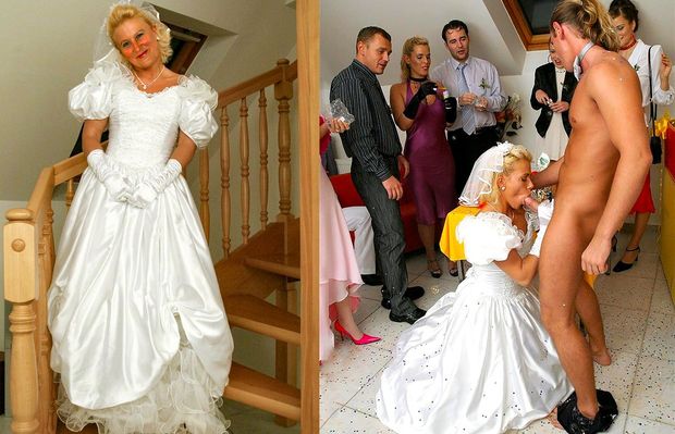 The beautiful bride took a member of one of the guests in her mouth while the groom breathed fresh air.