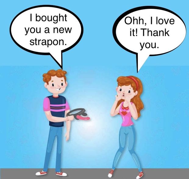 She gets a new strapon, he gets fucked