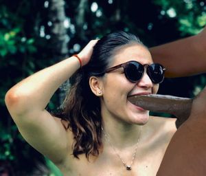 Valeria Soledad Moncada enjoys gagging on a huge BBC out in the jungle.