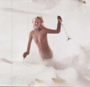 Suzy Chaffee skiing in the nude