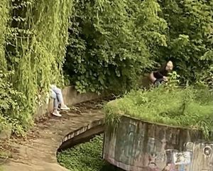 Dirty bitch pissing in public park