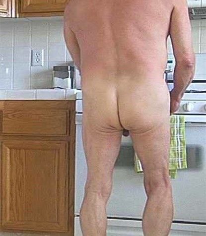 Grandpa naked in the kitchen