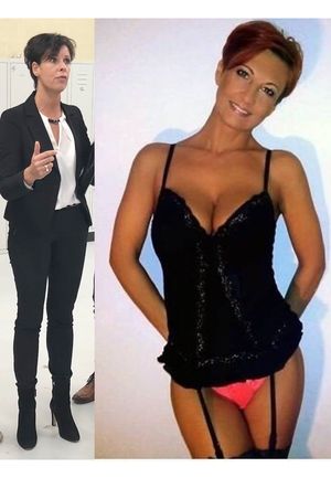 Before & After / Day & Night: this lovely Hot Wife at work and as a cum-on-cloths cumslut at our parties. 53k