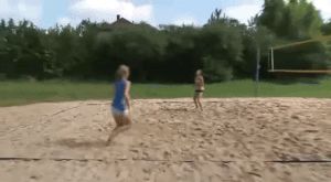 Volleyball babe face plants a guys dick during game.