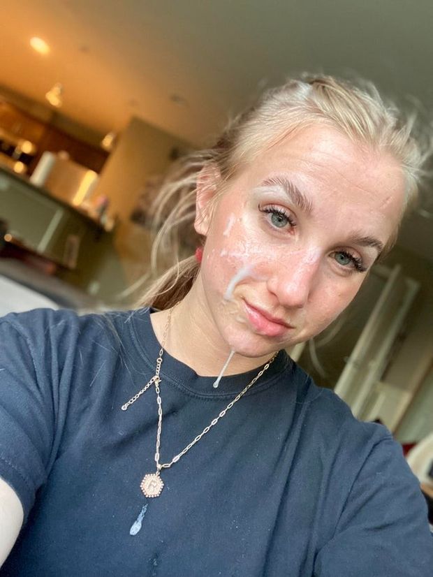 Blonde babe takes a selfie after facial