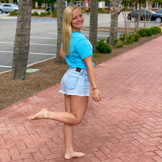 blonde teen leg up jean shorts