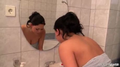 Busty lovers can't wait to see Shione Cooper suck & fuck his big cock in the tub