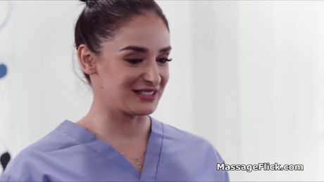 Husband watches wife scissoring with hot masseuse