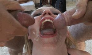 Double cum shot in her open mouth