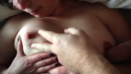 Wife licks her own tit, gets cum facial