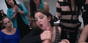 Carmen gets cum facial as friends cheer her on