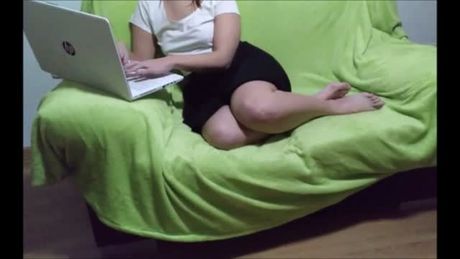 Sexy lady fingering and dildoing herself on my couch