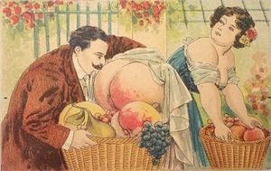 A fruit basket with a juicy peach in the 19th Century