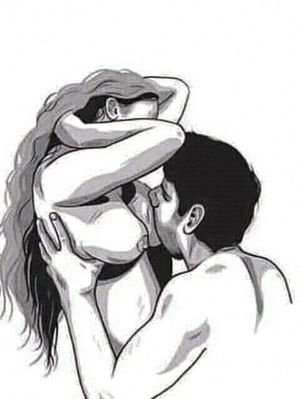 Drawing of a man sucking on some titties.