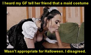 Halloween maid cleans up cock