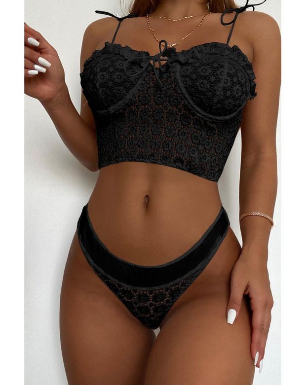 Black Lace Ruffle Spaghetti Strap Bralette Set