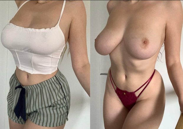 Busty woman, dressed and undressed