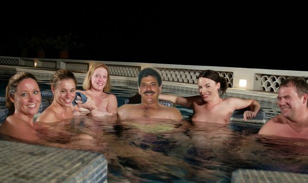 Playing with friends in the hot tub