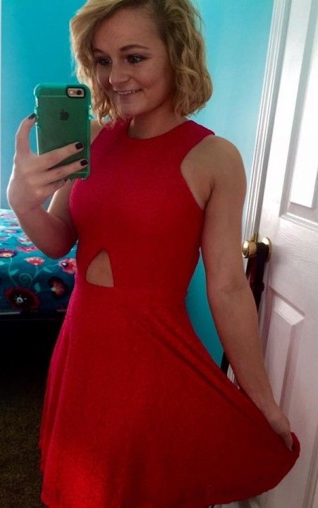 blonde teen red dress mirror selfie