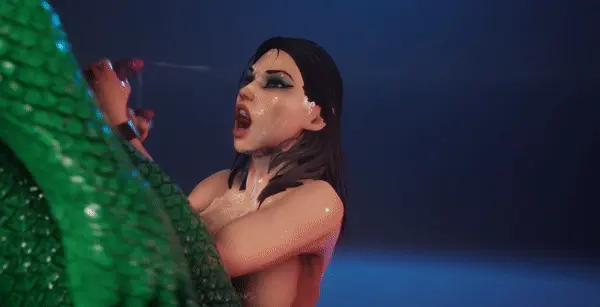 Big Ass Slut get cumshots from both Lizardman's dicks