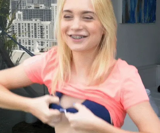 Tiny teen with braces flashes tits