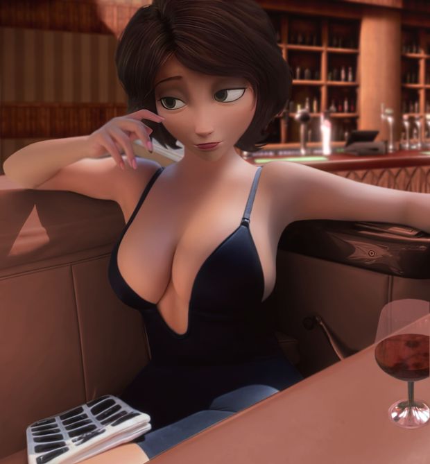 Cass waiting for GoGo in a bar that is called The Moist Clam.