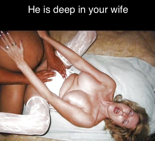 His erect, painfully swollen cock is deep inside your wife