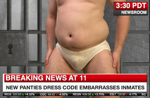 Embarrassed inmate in panties