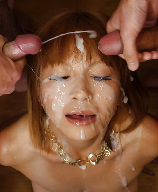 Japanese whore covered in hot spunk
