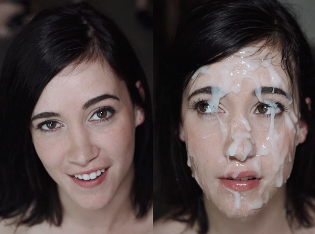 Amazing brunette before/after bukkake