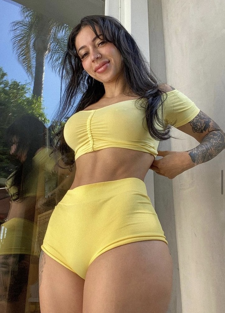 Bianca in yellow booty shorts And pierced nips