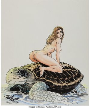 Sexy Nude Cavewoman in Giant Turtle