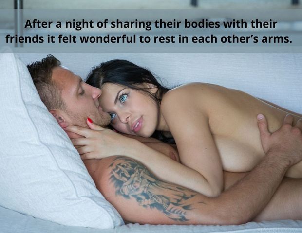 After a night of sharing their bodies with their friends, it felt wonderful to rest in each other's arms.