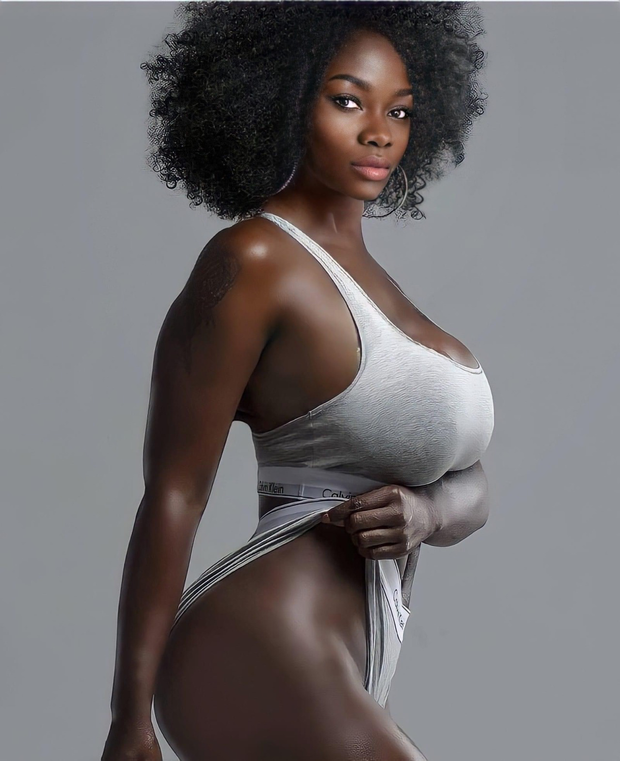 Ebony beauty in Calvin Klein sports bra and panties