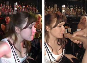 What a cutie, she looks expectantly at the jerking stripper's beautiful cock that is about to squirt in her face at any moment !