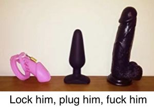 Chastity cage and buttplug by day, strapon fucked at night