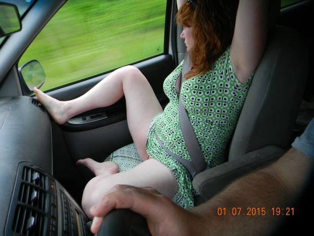 redhead pussy tease while driving