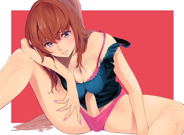 tama (monster1553), original, simple background, 1futa, autopaizuri, bare shoulders, black tank top, bra, breasts, brown hair, cleavage, closed mouth, female, futa only, futanari, head rest, intersex, intersex only, large breasts, leaning forward, lips, l