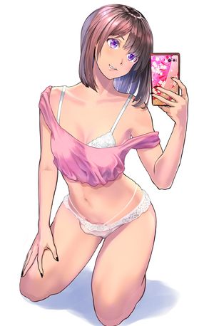 tama (monster1553), original, highres, simple background, white background, black nails, bra, breasts, brown hair, cellphone, crop top, female, full body, kneeling, medium breasts, medium hair, nail polish, navel, newhalf, off shoulder, panties, penis in