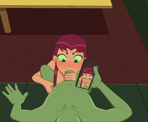 Starfire finishing Beastboy off in her mouth