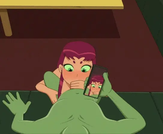 Beastboy recording Starfire work his cock with her mouth