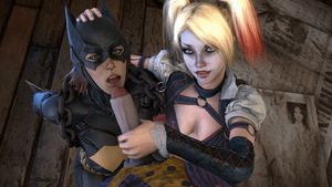 Harley Quinn stroking Joker off for Batgirl's eager mouth