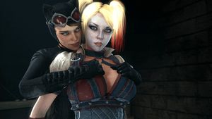 Catwoman showing and groping Harley's beautiful tits